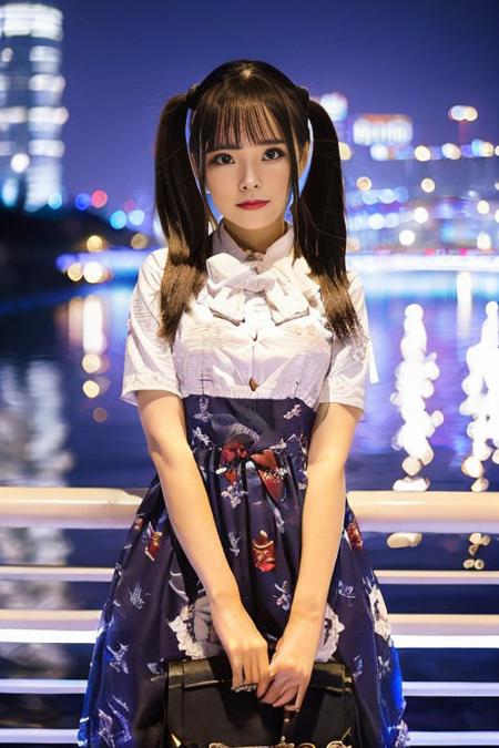 1girl, Chinese, looking at viewer, casual dress, outdoors, park, upper body, cityscape, night, moon,