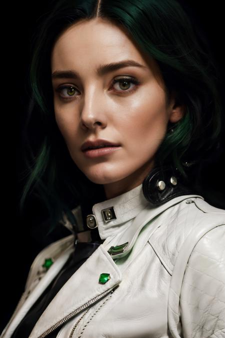 portrait photo of edt,(white shirt and black leather jacket), (green hair), alluring portrait, intricate, highly detailed, digital painting, artstation, concept art, naughty, sharp focus, cinematic lighting, illustration, art by artgerm and greg rutkowski, alphonse mucha, cgsociety,<lora:EmmaDumont-RealVision-V1.0:1>