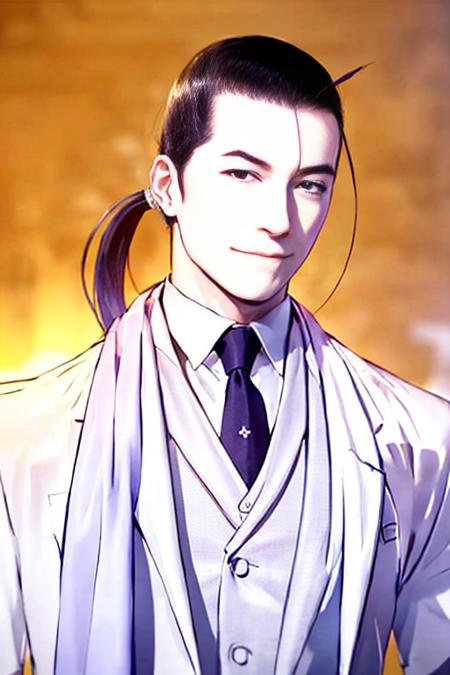 1boy,ponytail, <lora:Chara_kimblee:1>,( upper body:1.2),  white suit, smirk, EXPOSURE