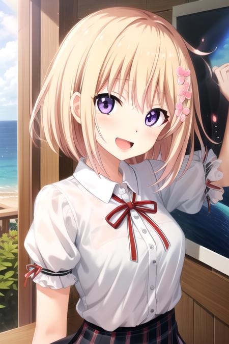 ((masterpiece)),(best quality),official art,extremely detailed CG,unity 8k wallpaper,ultra detailed,beautiful detailed eyes,extremely detailed face,A lighthouse on a cliff by the sea,1girl,solo,upper body,(portrait:1.2),looking at viewer,facing viewer,Hoshimi Kano(unoneno),:d,open mouth,blonde hair,short hair,hair flower,hair ornament,bangs,purple eyes,school uniform,white shirt,taut shirt,short sleeves,puffy sleeves,red ribbon,medium breasts,miniskirt,black skirt,plaid skirt,frilled skirt,white socks,loafers,<lora:Hoshimi Kano(unoneno)>,