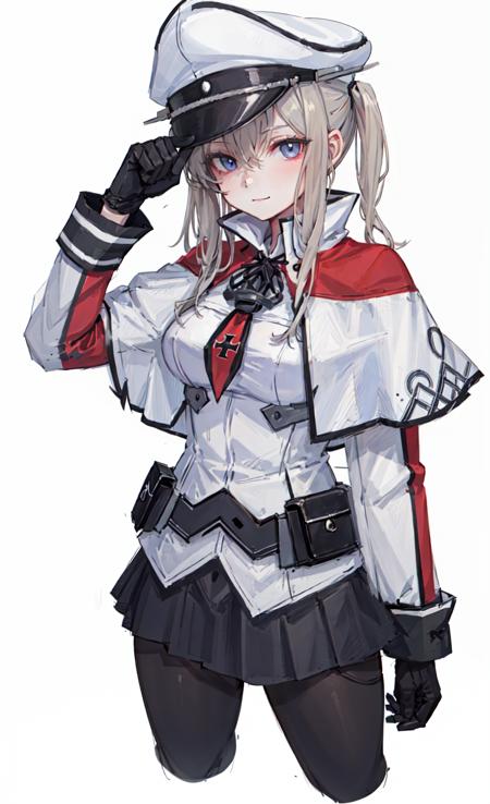 masterpiece, best quality,  highres, abusrdres, (1girl, solo), (simple background), (white background:1.3), (straight-on:1.5), natural, hairclips, solo focus, looking at viewer, facing viewer, standing,  light smile,(cropped legs ), graf zeppelin \(kancolle\),   pantyhose, gloves, hat, skirt,  capelet, black gloves, black pantyhose, sidelocks, peaked cap, uniform, breasts, hair between eyes, pleated skirt,  black skirt, cross, military, necktie, miniskirt, , military uniform, large breasts, iron cross, jacket, white capelet, long sleeves, white headwear,military hat, white jacket, tsurime