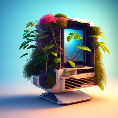 (ecocomputer style:1) a computer with a plant growing out of it <lora:djzEcoComputerV21_LoraBooth:1>