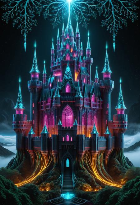 surreal castle, old castle, crazyily big castle, massive fortress, surreal castle, massive walls, medieval castle, transformed by glowing fractal roots, geometric vines wrapping around its structure, futuristic crystal patterns integrated into the metal, bioluminescent details, mystical atmosphere, cinematic lighting, foggy cityscape in the background, ultra-detailed architecture, dreamlike sci-fi fantasy fusion, sharp focus, 8k, fractal-inspired redesign, concept art style, fractangles, made out of fractangles, high quality,