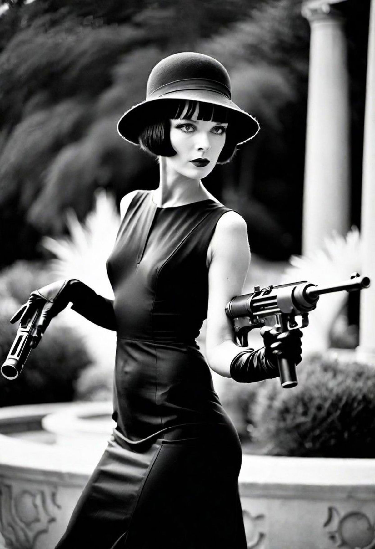 Black and White Photo of a Woman in a Flapper Dress Holding Two Guns