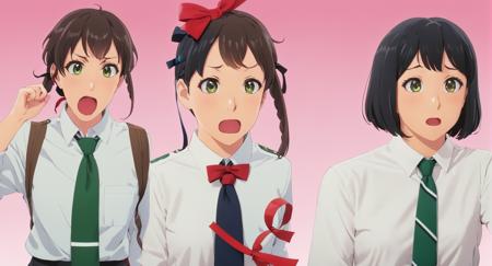 anime artwork of  <lora:Split Screen Style:1> several simultaneous images
two different images of a couple of anime characters with a surprised look,Split Screen Style,1girl,short hair,open mouth,brown hair,shirt,black hair,1boy,bow,ribbon,brown eyes,school uniform,hair ribbon,white shirt,braid,sweat,necktie,collared shirt,indoors,bowtie,sweatdrop,red bow,red ribbon,parody,style parody,green necktie,anime coloring,personality switch,miyamizu mitsuha , division of the screen, half screen, several simultaneous images, anime style, key visual, vibrant, studio anime,  highly detailed