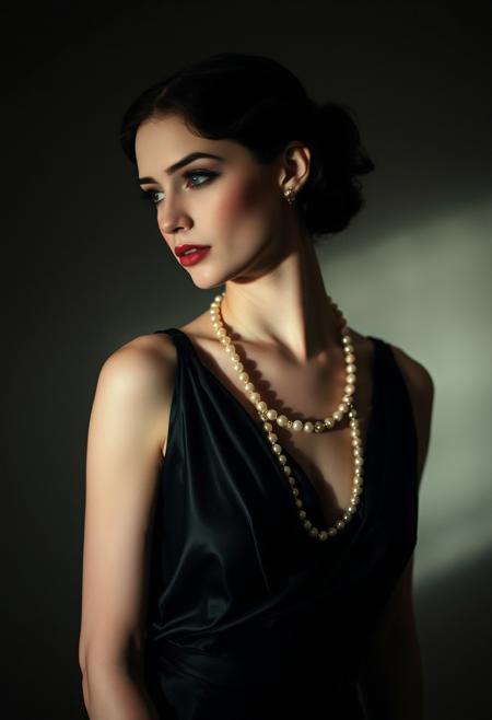Cinematic Noir Romance , high-contrast lighting, deep shadows, 1920s Hollywood glamour, black silk dress, vintage pearls, dramatic chiaroscuro, soft grainy texture, mysterious femme fatale
ethereal portrait, young woman, porcelain-like skin, hauntingly elegant, soft muted pastels, dreamlike atmosphere, delicate facial features, surreal presence, distant expressive gaze, Art Deco fashion, flowing silk gown, intricate fabric details, diffused soft light, minimalist abstract background, nostalgic sophistication