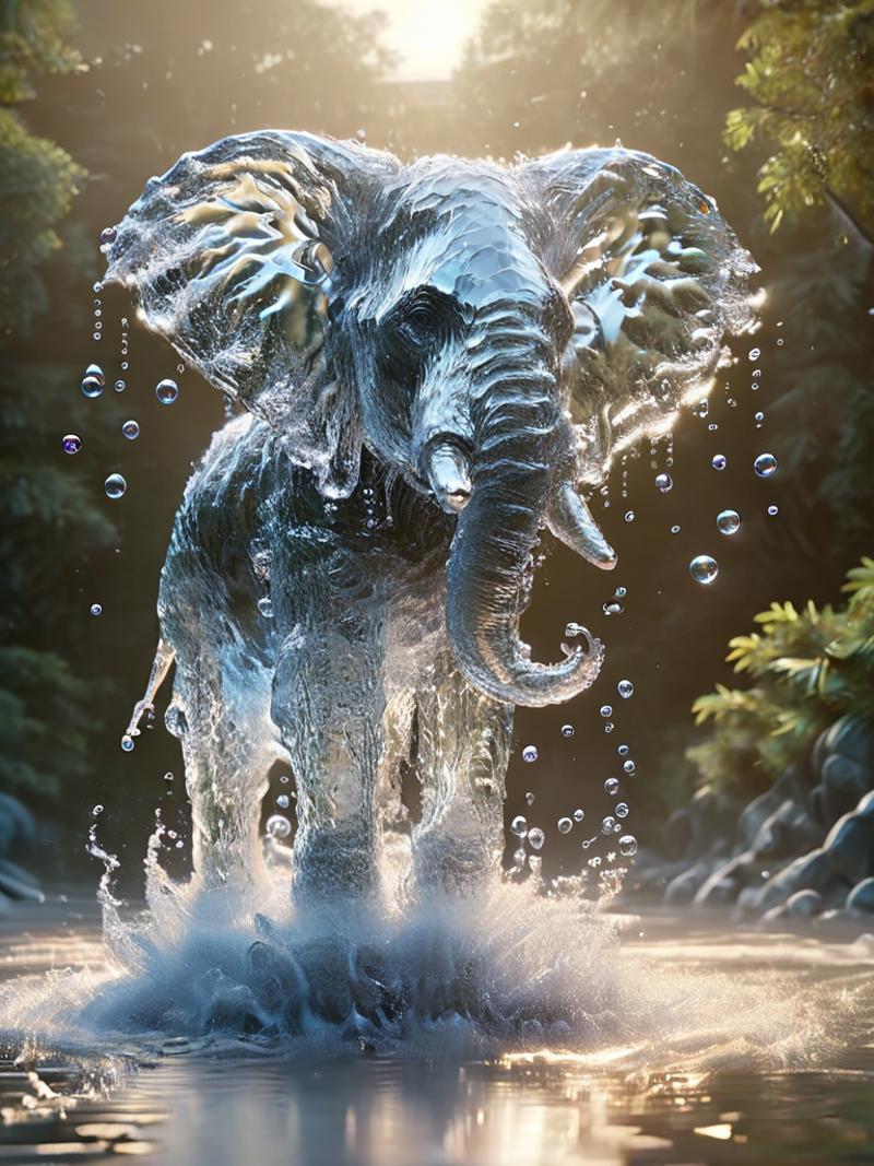 A frosty elephant standing in a waterfall, surrounded by bubbles and water droplets.