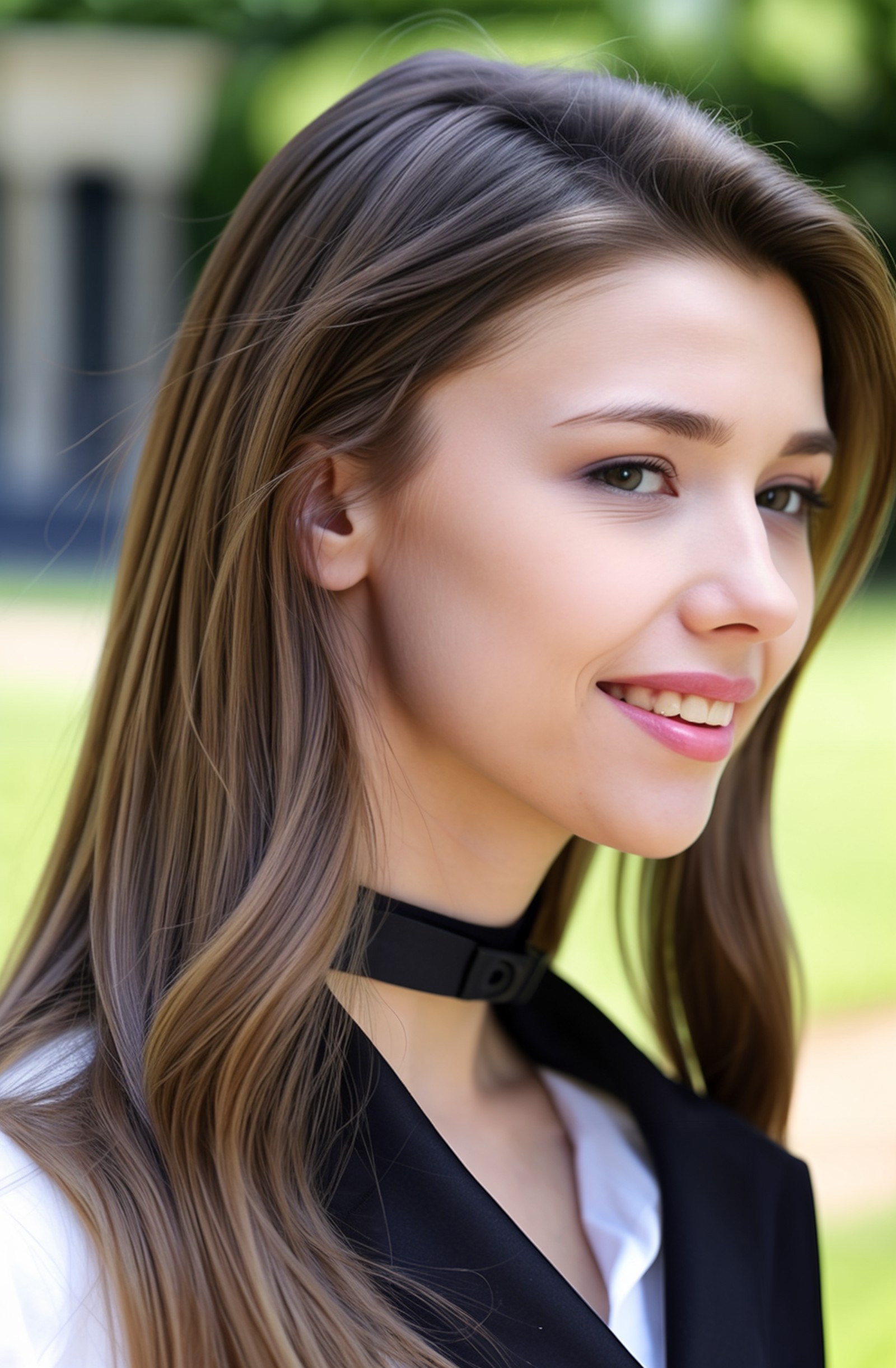 (from side ,profile) photo of a ukrainian woman named milaazul,<lyco:mila azul_V1:0.85>,Wearing a black collar,Face close-...