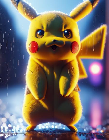 pikachu, looking to the camera, very close shot, outdoors, colorful, cinematic 3d scene, raining, shadow, dark, fur, wet, <lora:Dall-e_3_0.2>