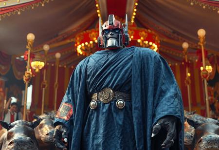 A Giant Grinder Gimmick Puppet from Transformers G1, in a carnival setting with hippos, stands at 1.78 meters, wearing a blue robe. Depict in a symmetrical full-body rendering, incorporating elements of communism, tyranny, and grime. Also, include Adularia, Countach, and grimdark-unmasked. Apply scumble technique, and remove the idol. Create in 4K, using Octane Render and Unreal Engine 5, with dynamic poses and vivid emotions. Ensure high-resolution, archival quality image, with sharp lines, stunning colors, and captivating lighting. Present on Artstation, CGSociety, Behance, and Pinterest, aiming for realism, with a joyful impact and powerful message. Incorporate golden ratio, and consider landscape photography with intricate golden filigree.