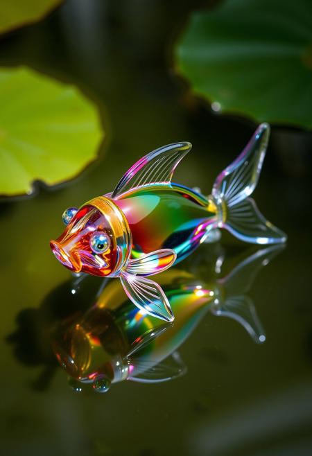glass fish, made of glass, completely transparent, reflective iridescent surface, glass art, colorful, translucent, floating on the surface of the pond, 
best quality, sharp focus, high contrast, colorful, ultra quality, 8k, best quality,