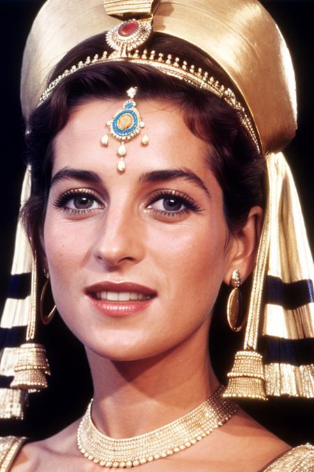 Masterpiece, best quality, 1980s photo of a pr1nc355d1 wearing a egyptian goddess outfit and posing <set restore_faces>1</set>, (closeup:1.4), skin texture