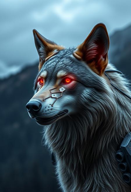 photo realistic hybrid wolf portrait, mechanical mutations, biomechanical, ultra realistic, hdr, 4k, dark mountains ambiance