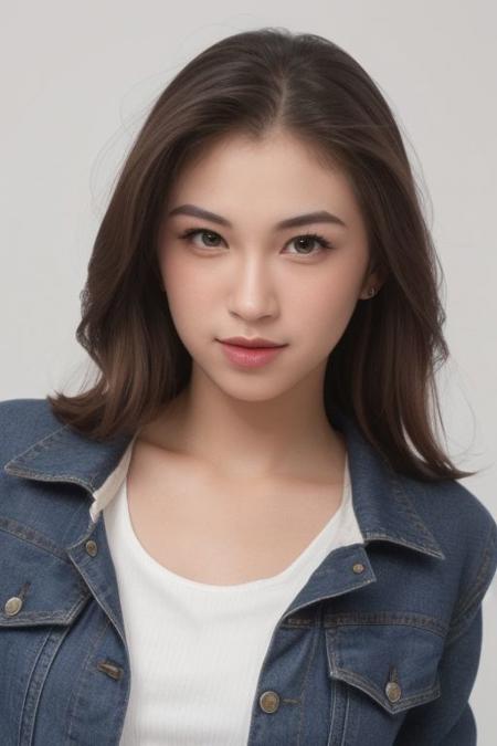 (tanktop, jeans,denim jacket), collar bone, collar cocker, perfect face shape, (perfect eyes, bright eyes, downing eyes, perfect eyes looking, downing eyes),{smirk|parted lips,teeth}), cleavage, (medium breast:1.2), looking at viewer, (shiny skin, pale skin, clear skin), (medium bob hair : 1.2), focus on face, ((white background, simple background)), (make up, blush), (dinamic pose, profesional model pose, naughty pose)