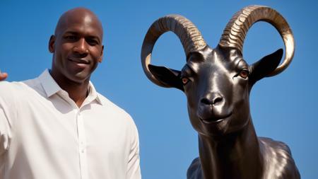 painting portrait of a young michael jordan, (standing in front of his towering goat statue:1.6), outside of the united center, smoking cigar, (holding up peace sign with hand:1.6), sharp focus,  trending on ArtStation, lifelike, insanely detailed, masterpiece, by Greg Rutkowski, by Ross Tran, by Fenghua Zhong, octane, clear eyes, soft render, clear facial features, oil on canvas, moody lighting, cinematic, professional environment concept art