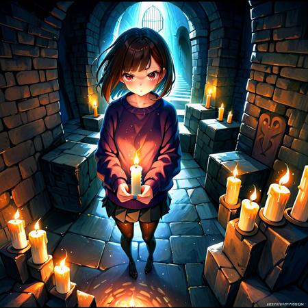 masterpiece, best quality, brunette, sweater, skirt, pantyhose, at stone dungeon, holding a candle, 1girl, solo, classical academical oil painting with realistic anime style artstation digital painterly technique acrylic with wide stroke, cinematic look and cinematic feel, dynamical angle with dramatic atmosphere, textured stroke, textured surfaces, dystopian, hdr, postproduction bloom vfx, subsurface scattering, light particles, chromatic aberration.  <lora:Cinematic:0.5> <lora:CinematicIllust:0.5>