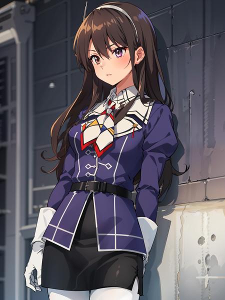 ashigara \(kancolle\), 1girl, solo, pantyhose, gloves, skirt, white pantyhose, white gloves, uniform, pencil skirt, black skirt, cowboy shot, jacket, military uniform, military, purple jacket, belt, original, intricate detail, illustration, masterpiece, extremely detailed CG unity 8k wallpaper, highlight, sharpening, dynamic, <lora:Ashigara:0.8>,