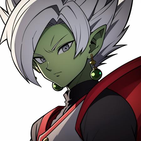 Best_QualityPos, RAW photo, intricate details, best quality, 8k uhd, soft lighting, 1boy, solo, colored skin, green skin, spiked hair, white hair, grey eyes, earrings, dougi  <lora:Fusion_Zamasu:0.6>