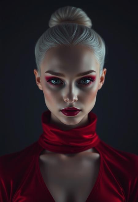 symmetrical front view, medium shot, dark photo, a evocative medium shot of a beautiful albino woman, beautiful makeup, ballet dancer bun hairstyle, futuristic red clothes