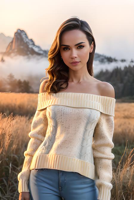 photo of (EcB3101:0.99), a woman as a sexy TikTok influencer, (standing in a field),(wearing tight jeans), ((off the shoulder sweater:1.4)) , modelshoot style, (extremely detailed CG unity 8k wallpaper), large breasts, photo of the most beautiful artwork in the world, professional majestic (photography by Steve McCurry), 8k uhd, dslr, soft lighting, high quality, film grain, Fujifilm XT3 sharp focus, f 5.6, High Detail, Sharp focus, dramatic, ((mountains in the background)), (golden hour:1.2),( sunset:1.2), (looking off to the side:1.2), (detailed pupils:1.3), (natural light), (closeup:1.2), (seductive), (foggy:1.2), fog,