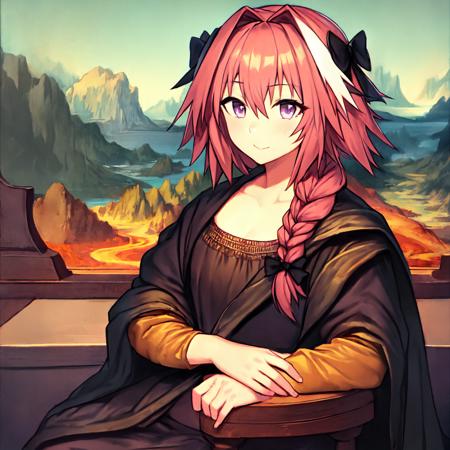 a\(Mona Lisa\), 1girl, solo,Astolfo, black skirt, long braid, braid, purple eyes, hair between eyes,