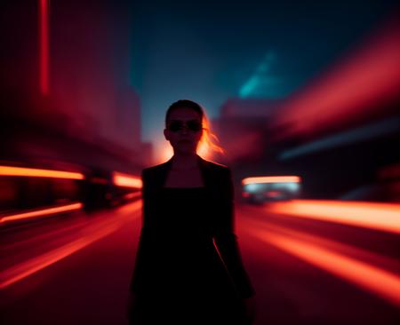 (motion blur, blurry, low shatterspeed:1.2), defocus, anamorphic lenses, flares, highlights, elegant posing photo of a woman standing in a city, sunset with blue lights, (day:1.2), neoism, dark dance photography aesthetic, cinematic light lighting, darkness aura red light,  <lora:Prismatia_yiu_v10:0.7>