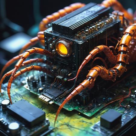 centipede made out of electronics and pc parts, mainboard, gpu, cpu, circuit, electronic resistor, condesator, whimsical photorealism, amazing depth, fantasy concept art, impressionist watercolor paint by Geoffroy Thoorens, James Christensen,  Russ Mills, intricate, cinematic lighting, highly detailed, smooth, sharp focus, perfect balanced style, amazing depth, complementary colors, sci-fi style, hyperdetailed, dark light, sinister masterwork by head of prompt engineering  <lora:SDXLFaeTastic2400:0.8>