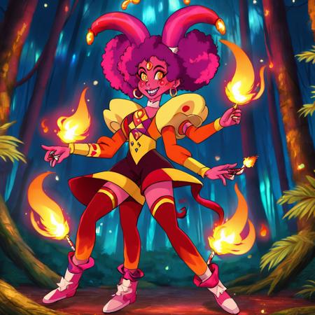 brazilian fire opal, spinel and ruby fusion, afro pigtails playful short and super cool flame juggler with freckles, peace sign, cartoon androgynous with a flaming fire wand in her hand, trending on tumblr, dancing pose, with pretty face, detailed eyes, four hands, jester, full body, three-quarter view, performing tricks in the forest at night, light pink body eyeshadow
<lora:gem2asd-000050:0.75>, (Gold themed harlequin:0.7), venetian, spotlight, macro lens, Electic Colors slight anger jester