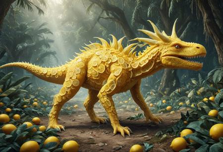 core_9_up, score_8_up, score_7_up, score_6_up, incredibly absurdres, BREAK physically-realistic, anatomically-correct, detailed, intricate, professional, logical, make sense, perfection, perfect, photography, SFW, masterpiece, best quality, dream world, pastel colors, wl_lemons, a lemon dinosaur roaming prehistoric lemon jungle,  BREAK beautiful detail, high-quality, no text or watermarks,  eyes glow yellow, wl_lemons