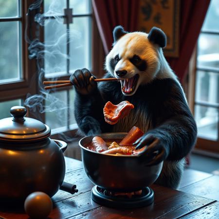 evil china panda eating a hot pot that has miniature human body parts in it, cozy scene