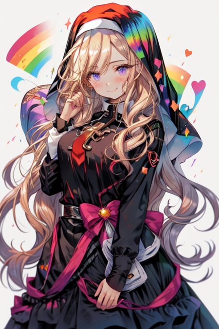 Niji Pride, 1girl, solo, long hair, breasts, looking at viewer, blush, smile, blue eyes, blonde hair, large breasts, simple background, long sleeves, white background, dress, closed mouth, purple eyes, upper body, hand up, parted bangs, wavy hair, nun, habit <lora:nijipride:1>