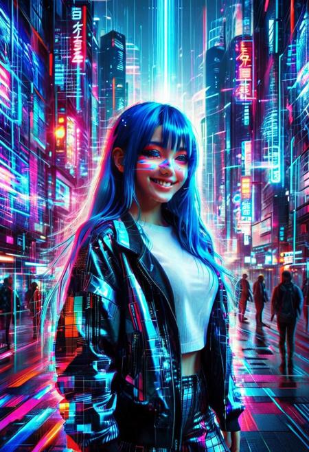 beautiful anime girl with long blue hair, smiling, standing in a futuristic city, neon lights, glitch, flickering, digital distortion, glitch style, cyberpunk aesthetic, colorful, big expressive eyes, detailed futuristic clothing, holographic elements, atmospheric lighting, cinematic, high detail, sharp focus, abstract background, glowing signs