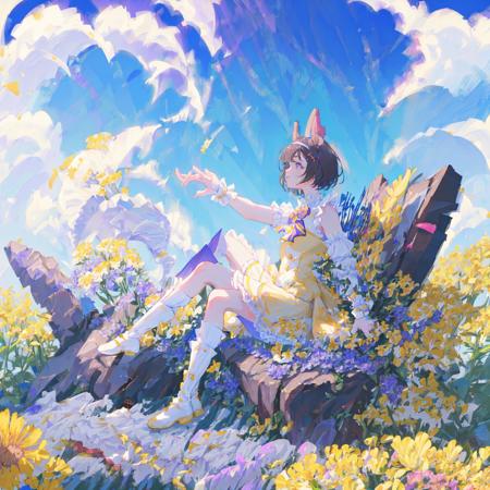 masterpiece, best quality,
nishino flower \(umamusume\),
flowers, flower fields, blue sky, sunlight,
from side, looking to the side, looking afar,
flying butterfly, butterfly, wariza, sitting on ground, holding flowers,
purple bowtie, striped bowtie, bare shoulders, wrist cuffs, white shirt, button, white dress, sleeveless dress, white skirt, yellow skirt, frilled skirt, thigh strap, yellow footwear, knee boots,
<lora:nishino_flower_locon_0.99:0.8>