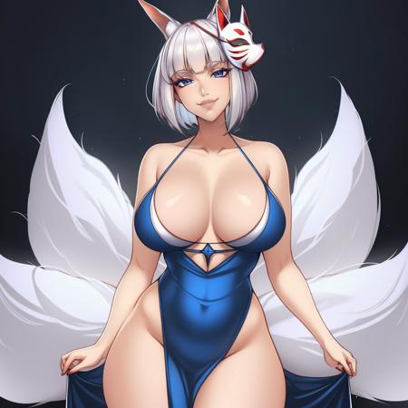 (masterpiece, best quality:1.3), Enia, 1girl, solo, looking at viewer, wide hips, mature female, closed mouth, seductive smile, large breasts, upper body, cowboy shot, thick thighs, <lora:Enia Style Lora:.85>, kaga(everlasting killing stone), white hair, blue eyes, fox ears, mask on head, fox mask, tail, fox girl <lora:kaga_everlasting_killing_stone:.8>