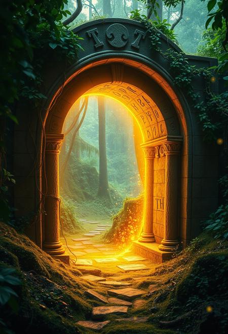 A mystical, ancient stone archway deep in a vibrant, lush forest, surrounded by thick greenery and vines wrapping around the weathered columns. The archway emanates a radiant, powerful golden light from within, glowing intensely and illuminating the surrounding area with warm, divine energy. Runes etched into the surface of the archway shimmer faintly in gold, enhancing its magical aura. The ground is overgrown with moss and plants, and faint magical particles float in the air. The environment blends soft golden light from the portal with the cool green tones of the forest, creating a harmonious and enchanted atmosphere, with shadows and highlights accentuating the magical ambiance.