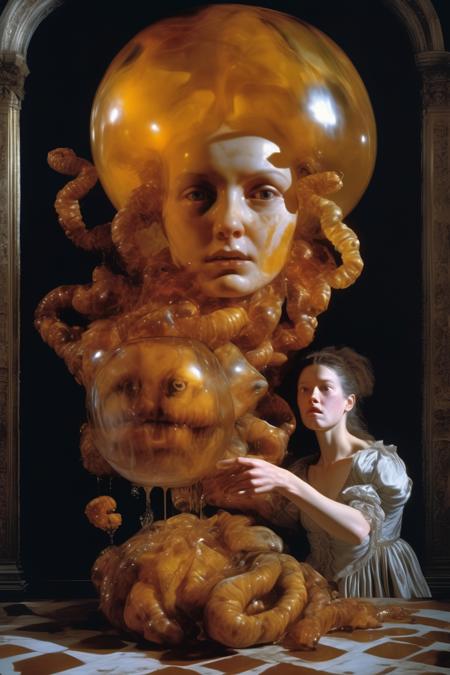 <lora:Willem van Aelst Style:1>Willem van Aelst Style -, Large format color photo of of a woman with giant marble head littered with gripping disembodied hands holding translucent amber animal dripping honey all over a giant effigy of a caterpillar with a human head in a baroque hall