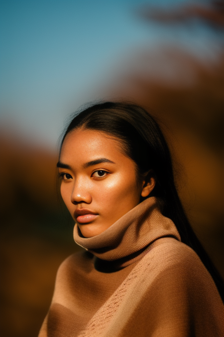 RAW photo, masterpiece, best quality, high quality, insanely detailed and intricate, 1girl, brown eyes, (high detailed skin:1.2), turtleneck, detailed background, nature background, solo, 8k uhd, dslr, soft lighting, film grain, 80mm Sigma, f/1.4, Canon Eos 5D <lora:DeviLora:1>