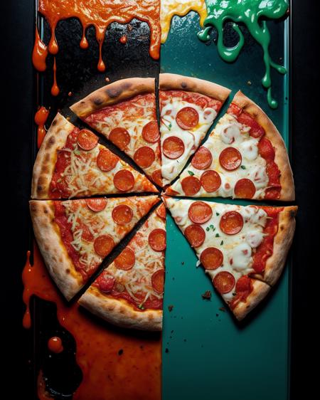 photo RAW,(pizza, pepperoni flavor with mozzarella, melting, falling apart, oozing,, Black orange and teal_green colors), masterpiece, award winning photography, lighting, perfect composition, high detail, hyper realistic,dramatic lighting, epic