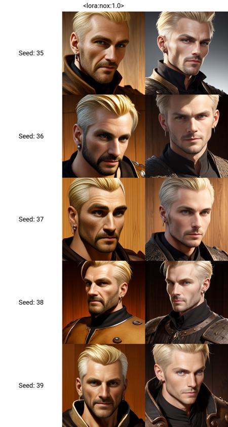 <lora:nox:1.0>. A man. Short blonde hair. Hair slicked back. Earrings. Black medieval tunic. Wooden background. Full face. Portrait of a RPG character. Extreme close up.