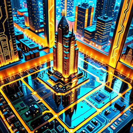 lazympos, character focus, depth of field, hyperrealistic, masterpiece, intrincate details, TzigoCBS,
a skyscraper city with (towering buildings made of circuit board with glowing amber patterns and reflective mirror like windows:1.5), (view from the sky·high angle view:1.5), (giant ad panels:1.8), neon signs, amber theme, night, cyberpunk aesthetic, wet ground, (mist in the distance:1.5)