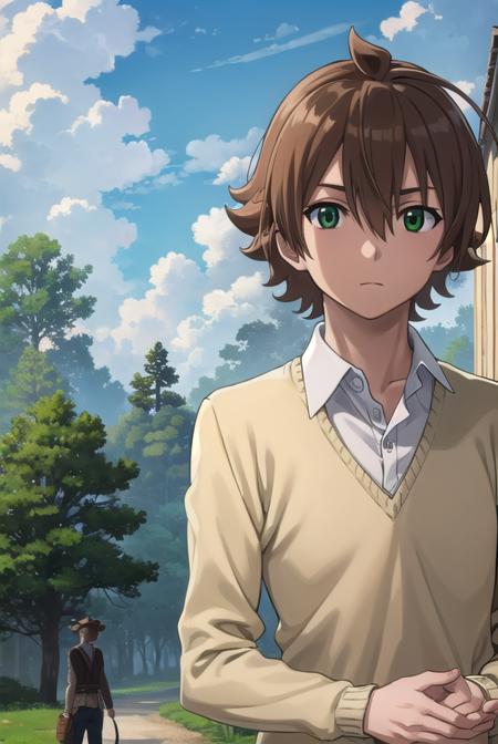 agktatsumi, <lora:agk tatsumi s1-lora-nochekaiser:1>,
tatsumi. brown hair, (green eyes:1.3), male focus, short hair, hair between eyes, ahoge,
BREAK  shirt, white shirt, collared shirt, yellow sweater, long sleeves, pants, black pants, boots, brown boots,
BREAK outdoors, nature, forest, trees, grass, sky, clouds,
BREAK looking at viewer, (cowboy shot:1.5),
BREAK <lyco:GoodHands-beta2:1>, (masterpiece:1.2), best quality, high resolution, unity 8k wallpaper, (illustration:0.8), (beautiful detailed eyes:1.6), extremely detailed face, perfect lighting, extremely detailed CG, (perfect hands, perfect anatomy),