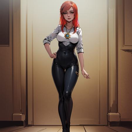 2d, masterpiece, best quality, anime, highly detailed face, highly detailed eyes, highly detailed background, perfect lighting, 1girl, solo, full body, standing, latex legwear, white shirt, red hair, amulet <lora:seedsofchaos:1>