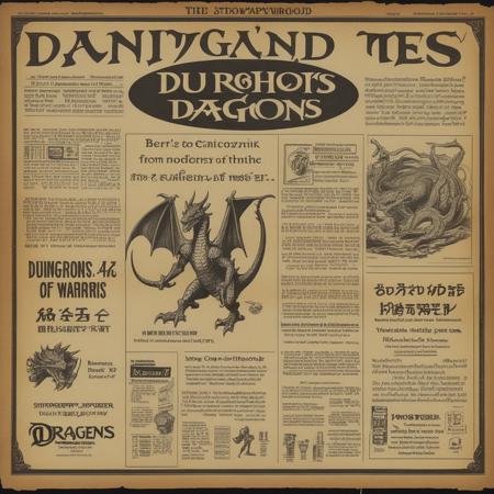 A photorealistic rendering of an old, slightly yellowed newspaper laid flat on a wooden table. The focus should be on a full-page advertisement for Dungeons & Dragons. The ad should feature vintage artwork of dragons, wizards, and warriors, capturing the essence of the game. The text should be in a classic font, announcing the game's features and why it's a must-have for fantasy enthusiasts. The D&D logo should be prominently displayed. Around the ad, the newspaper should have other articles and ads typical of the era when the game was released, adding to the nostalgic feel. The lighting should be soft but sufficient to make the ad and surrounding text readable. The overall atmosphere should evoke a sense of nostalgia and excitement for the game, <lora:oldjpnews:0.6>