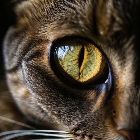 Photo of a cat's eye, intensely illuminated, capturing the intricate details of its iris and fur. The rest of the feline's face is hidden in shadows, creating a sense of intrigue and curiosity
