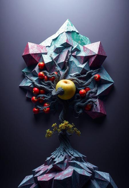 (low quality:-1.2), recursive shapes, multichromatic colors, (disjointed anatomy:-1.3), (bad composition:-1.3), stark lighting, rigid structure, (overloaded multichromatic colors:1.6), (overly ornate:-1.5), saturated hues, diverse color palette, (smooth surfaces:-1.4), (soft lighting:-1.2), (noisy:-1.1), infinite geometry, minimalist design, intricate fractal structures,apple tree, exaggerated features, psychedelic tones, (blurry:-1.2), sculptural appearance, vibrant, (polished:-1.3), (ugly:-1.3), snow-covered mountain, intersecting planes, photorealism, minimal details, unsettling, (emphasis on sharp geometric form:1.6), fractured geometry, unrefined textures, neon glow, sharp and jagged geometric patterns, angular geometric forms, high resolution, primal aesthetic