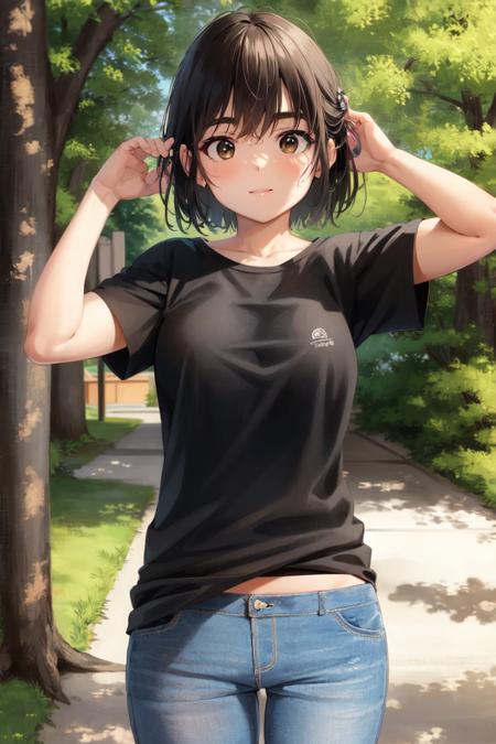 masterpiece, best quality, absurdres, perfect antomy, 1girl, solo, Ayase Fuuka, t-shirt, jeans, standing, cowboy shot, outdoors