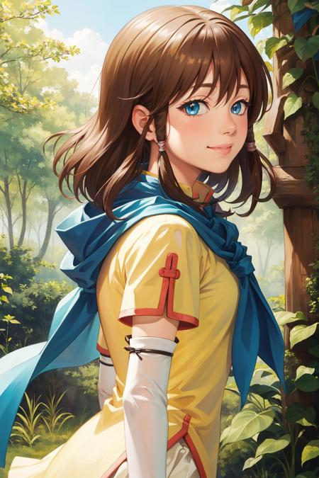 masterpiece, best quality, feMist, blue capelet, yellow shirt, arm warmers, pleated skirt, upper body, from side, smile, hands to heart, looking at viewer, dense forest, sky, hand to heart <lora:mist-nvwls-v2-000012:0.9>