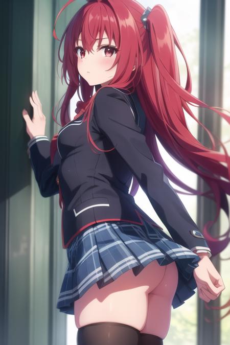 masterpiece, best quality,1girl, solo,saionji sarasa,red hair,very long hair,ahoge,[[[side ponytail]]],red eyes,school uniform,jacket,blue plaid skirt, black thighhighs,<lora:saionji:0.6>,from side,ass