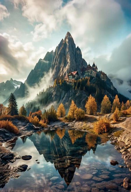 their peaks veiled in mist. mixed media, surrealism, great lighting, A surreal landscape highly detailed . extremely high-resolution details,  appears trapped in an optical illusion of reflections and refractions colorful , professional photography, natural lighting, GhostlyStyle, volumetric lighting maximalist. intricately detailed, complex, elegant, expansive, fantastical, film photography style,  medium grain, lthndrtrl