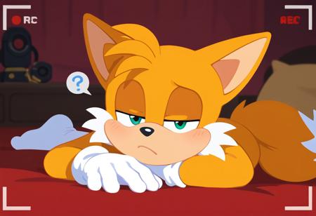 score_9, score_8_up, score_7_up, bokeh, flat colors, lineless, Expressiveh, vector art, vector graphics, solo, gay, male, Sonic, Tails the Fox, white gloves, white socks, view from floor, bedroom, carpet, recording, sitting on bed, close up, facing viewer, looking at viewer, question mark, bored, nervous, chin on hand,